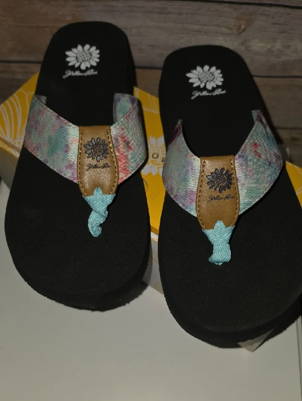 Yellow Box Black Flip Flops with Mint Floral Straps - Picture 2 of 4